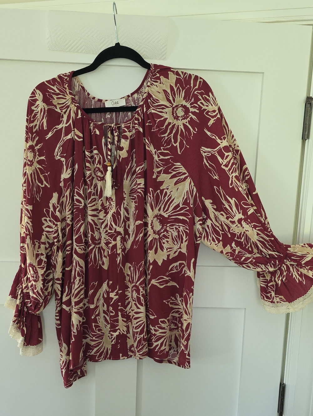 New Oddi Floral Tie-Neck Peasant Blouse - Burgundy & Cream 2XL